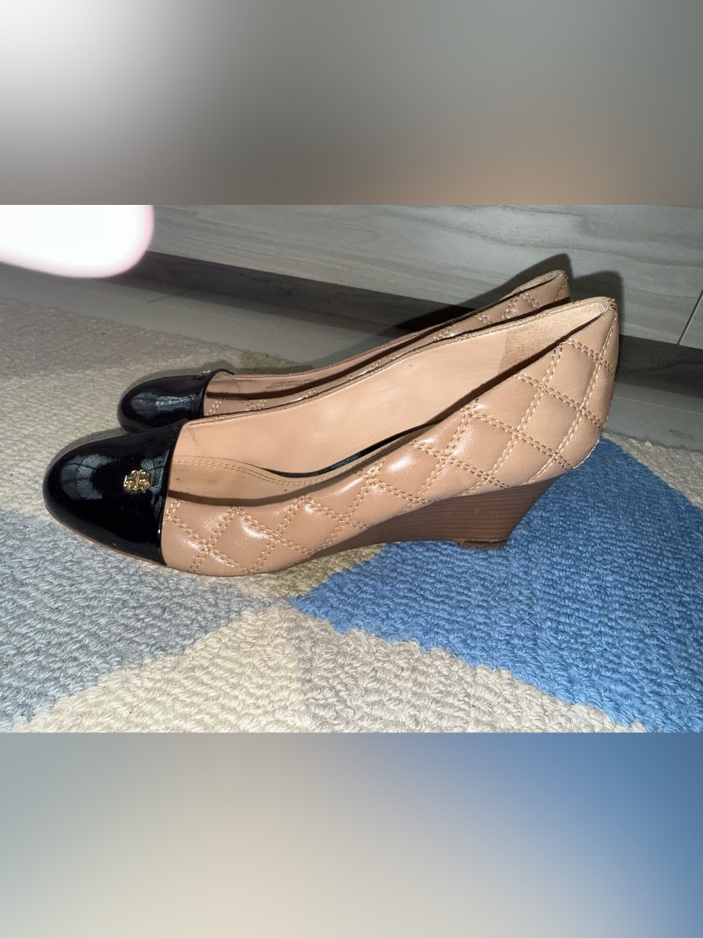 Tory Burch Classic Quilted Beige Wedge Pumps with Black Cap Toe
